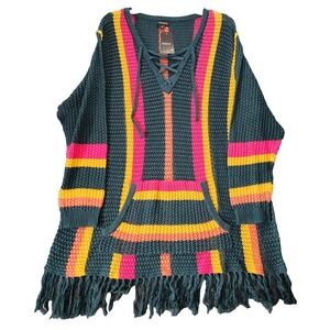 Torrid NWT Open Stitch Pullover Fringe Sweater 1X Kangaroo Pocket Boho‎ Hippie